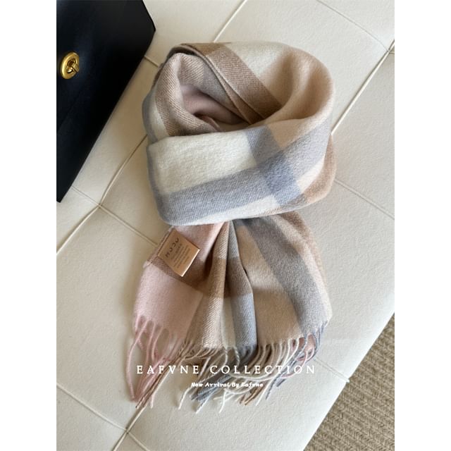 Scarf Applique Wool Plaid Fringed Lettering
