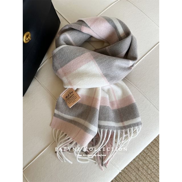 Scarf Applique Wool Plaid Fringed Lettering