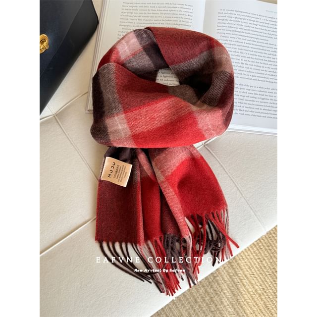 Scarf Applique Wool Plaid Fringed Lettering
