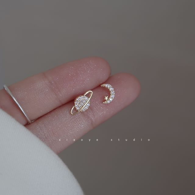 Earring Stud Moon Asymmetrical Silver Sterling Rhinestone