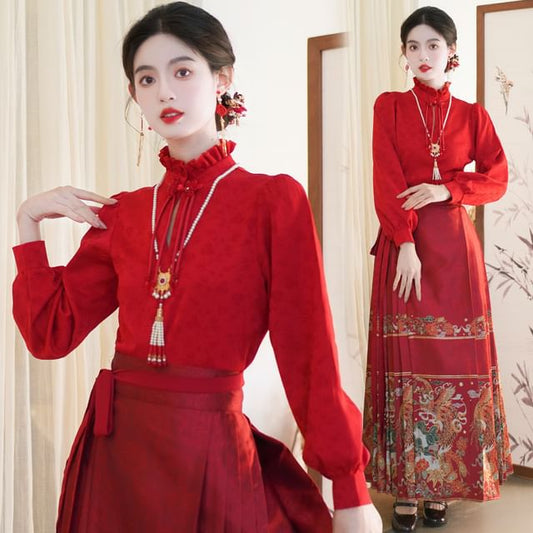 Mock Neck Plain Blouse / Mid Rise Hanfu Patterned Maxi A-Line Skirt / Necklace