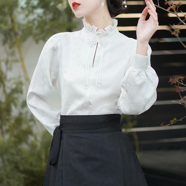 Mock Neck Plain Blouse / Mid Rise Hanfu Patterned Maxi A-Line Skirt / Necklace