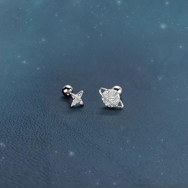 Asymmetrical Star Sterling Silver Earring Barbell Rhinestone