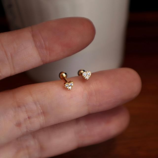 Heart Sterling Barbell Rhinestone Silver Earring