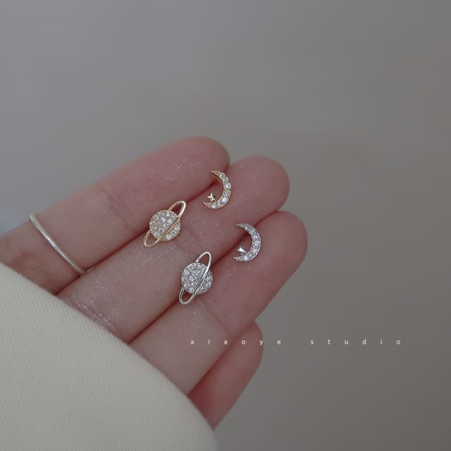 Earring Stud Moon Asymmetrical Silver Sterling Rhinestone