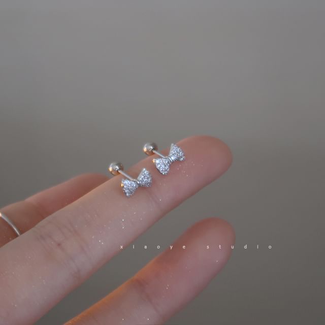 Rhinestone Sterling Earring Barbell Bow Silver