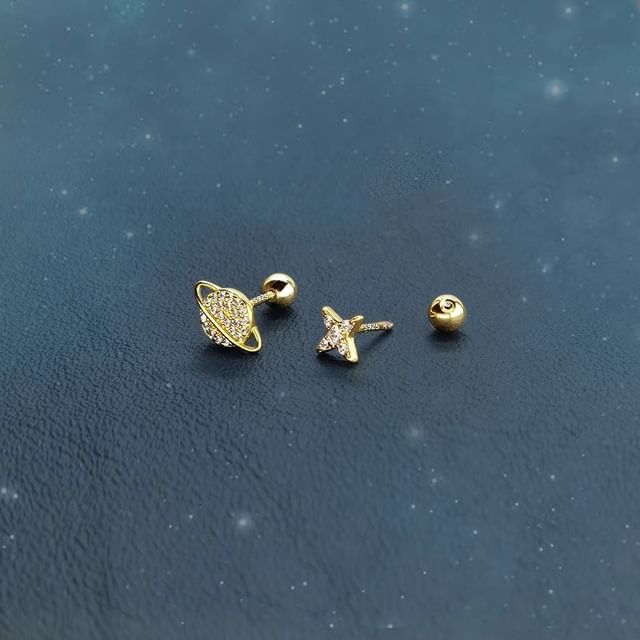 Asymmetrical Star Sterling Silver Earring Barbell Rhinestone