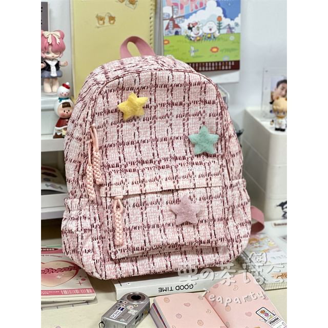 Plaid Multi-Pocket Backpack / Bag Charm / Set