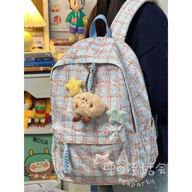 Plaid Multi-Pocket Backpack / Bag Charm / Set