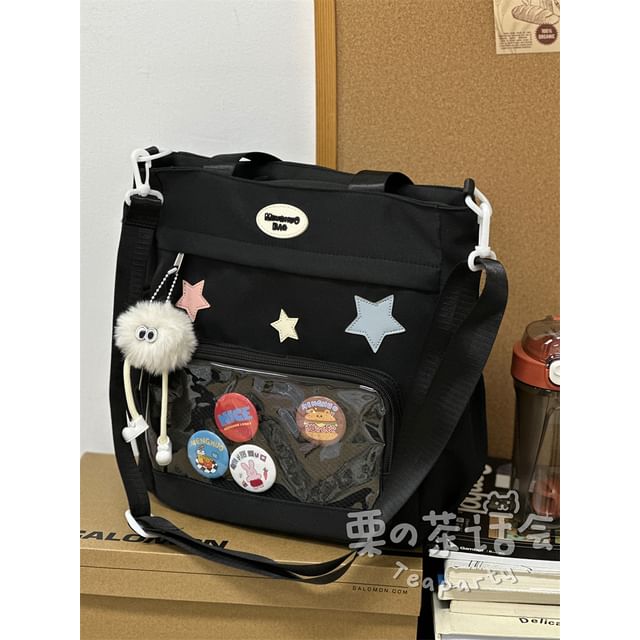 Star Applique Mesh Panel Multi-Pocket Tote Bag / Coin Purse / Bag Charm / Set