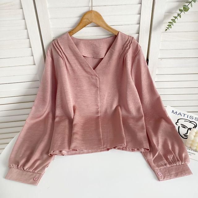 Long-Sleeve V-Neck Plain Pintuck Blouse