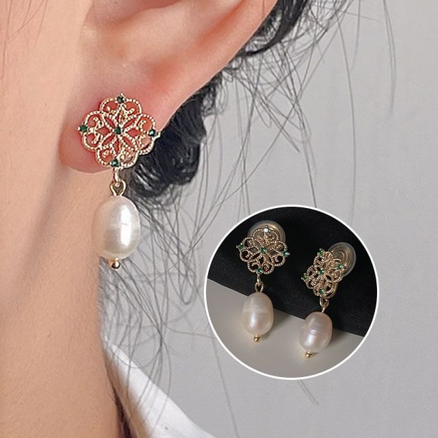 Drop Rhinestone Clip-On Earring Pearl Floral Faux