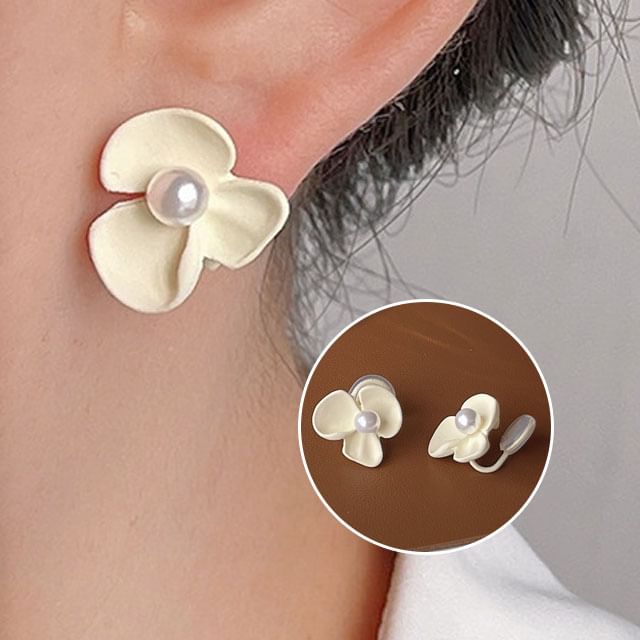 Pearl Faux Clip-On Earring Floral