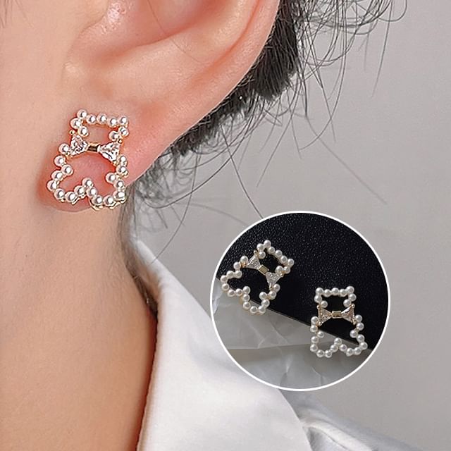 Earring Pearl Bear Rhinestone Clip-On Faux