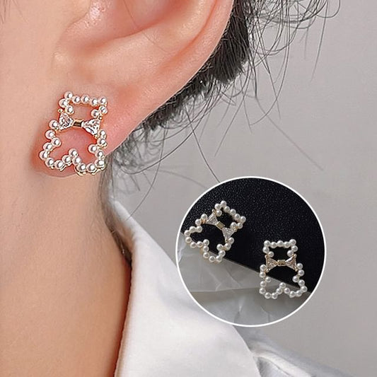 Earring Pearl Bear Rhinestone Clip-On Faux