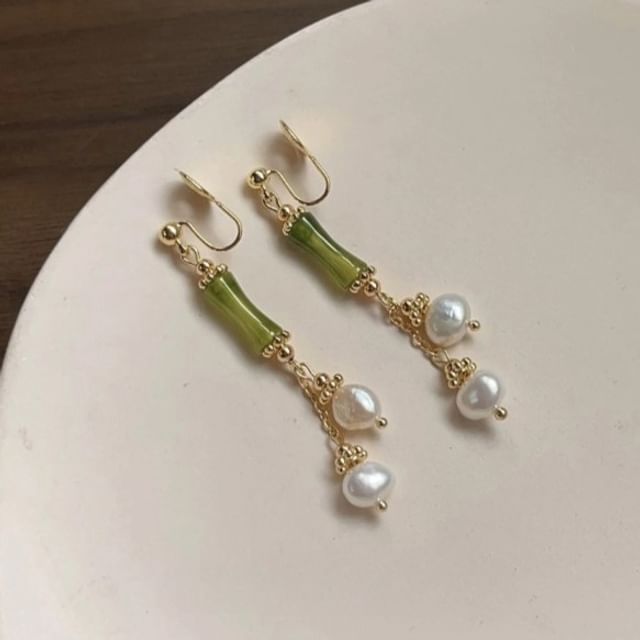 Clip-On Drop Earring Bamboo Pearl Faux