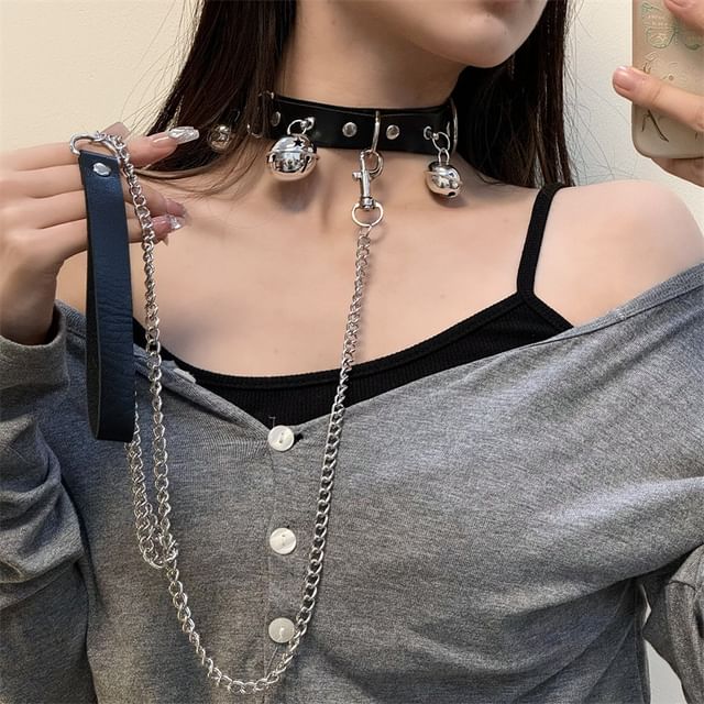 / Faux Choker Leash Bell Leather