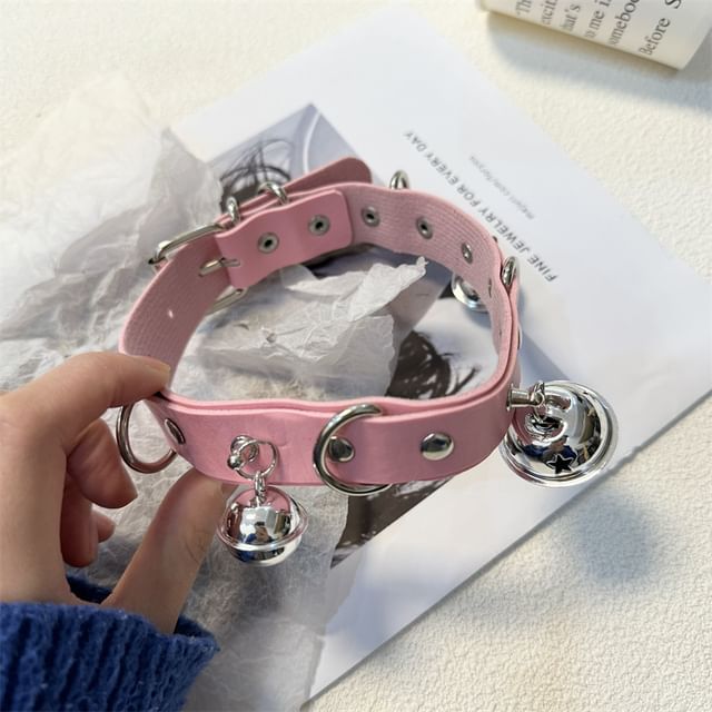 / Faux Choker Leash Bell Leather