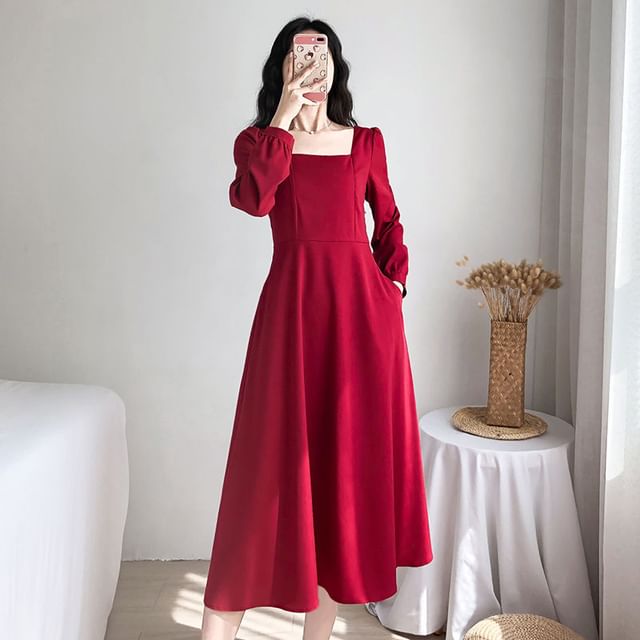 Neck A-Line Long-Sleeve Plain Square Midi Dress