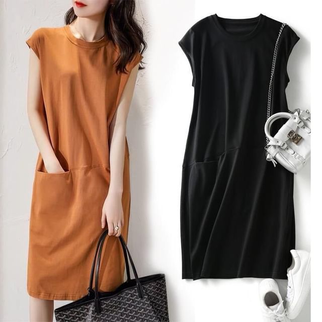 Crew Shift Plain Midi Dress Neck Cap-Sleeve