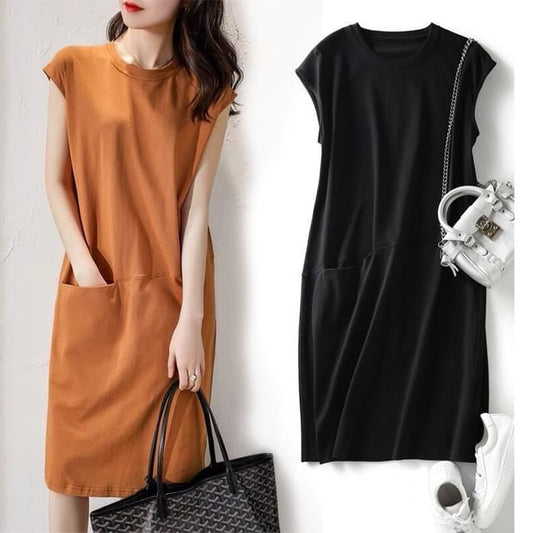 Crew Shift Plain Midi Dress Neck Cap-Sleeve