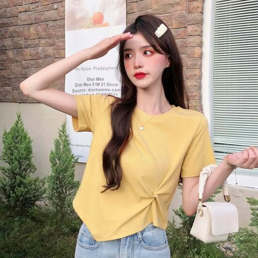 Crew Plain Short-Sleeve T-Shirt Asymmetrical Crop Ruched Neck