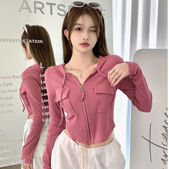 Zip-Up Plain Hoodie Crop Slim Fit