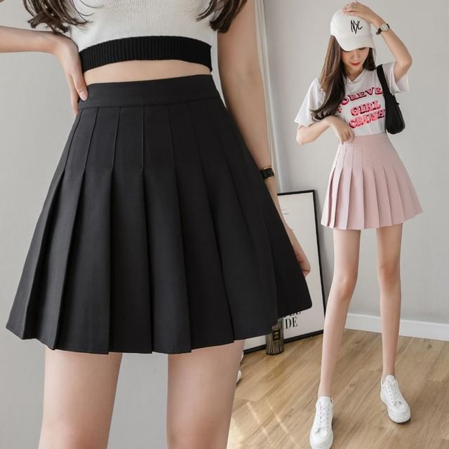 Mini Plain High Pleated Waist Skirt A-Line