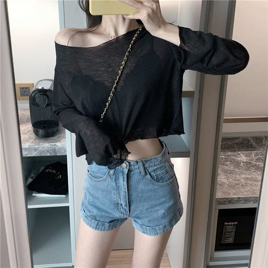 Long-Sleeve Crop Off-Shoulder Sheer T-Shirt Plain