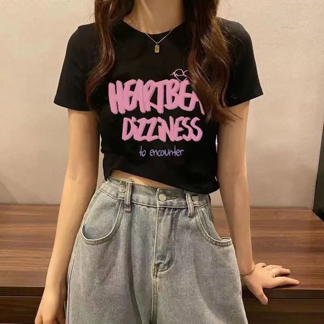 Lettering Short-Sleeve Crew T-Shirt Print Crop Neck