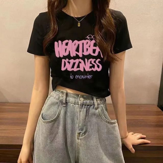 Lettering Short-Sleeve Crew T-Shirt Print Crop Neck