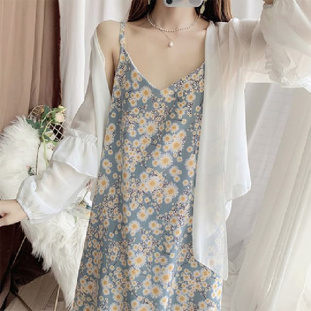 Shift Dress Print Strap Spaghetti V-Neck Midi Floral