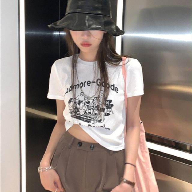 Crew Neck Crop Print Short-Sleeve T-Shirt Lettering