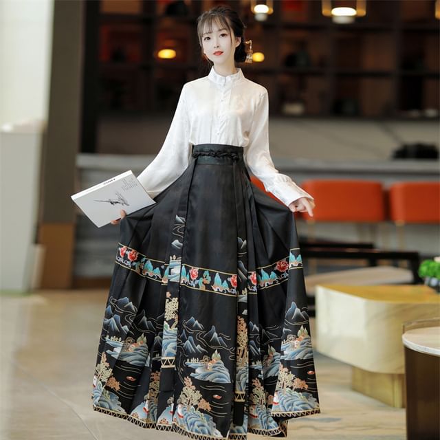 High Waist Mountain Print Maxi Ma Mian Skirt / Floral Shirt / Set