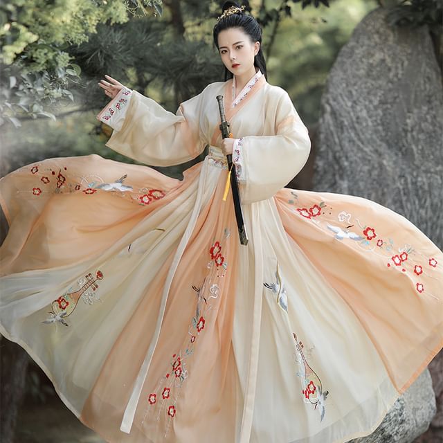 Flower Embroidered Hanfu Top / High Waist Maxi Skirt / Long