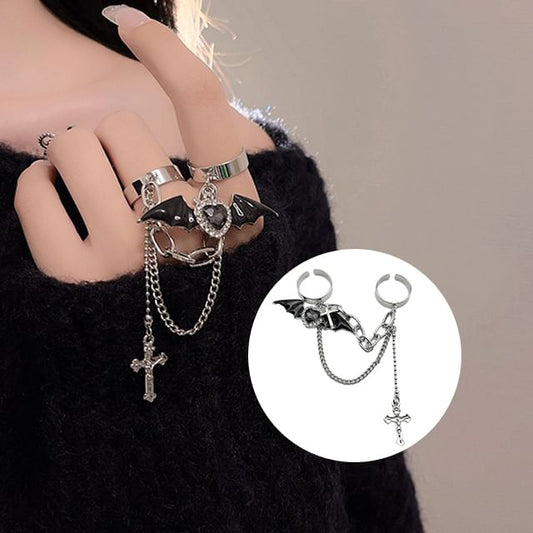 Bat Heart Alloy Ring Cross Wing Double