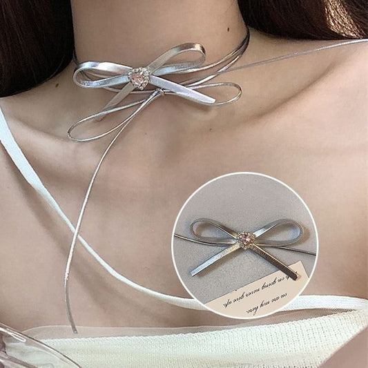 Ribbon Heart Choker Faux Leather Rhinestone