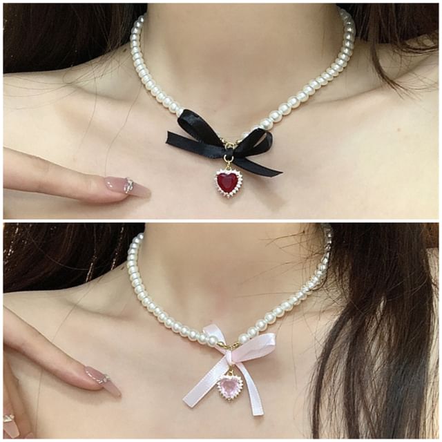 Heart Choker Faux Pearl Ribbon Pendant