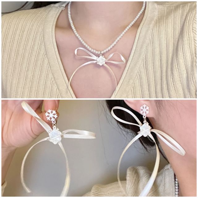 Earring Snowflake Drop Ribbon Choker /