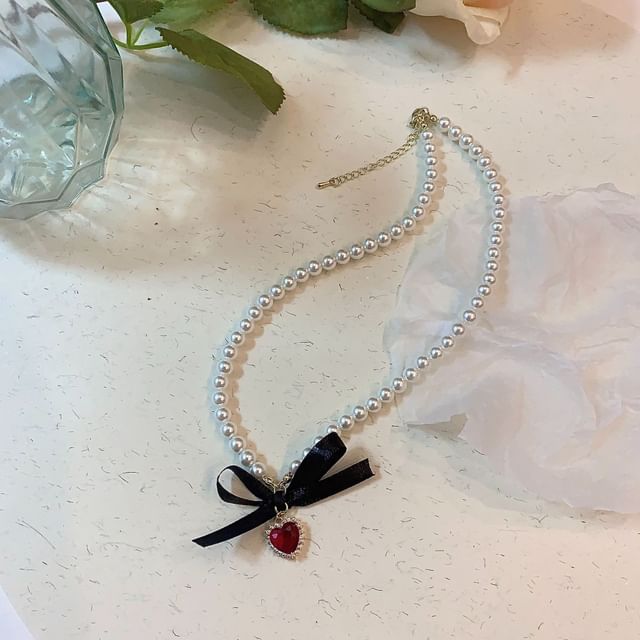 Heart Choker Faux Pearl Ribbon Pendant