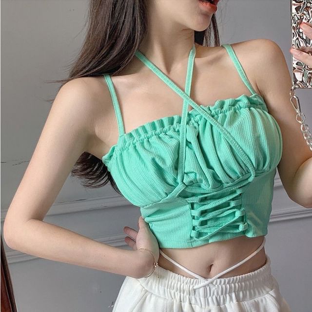 Top Plain Lace Ruched Up Camisole Crop