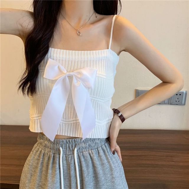 Ribbed Bow Top Plain Knit Camisole