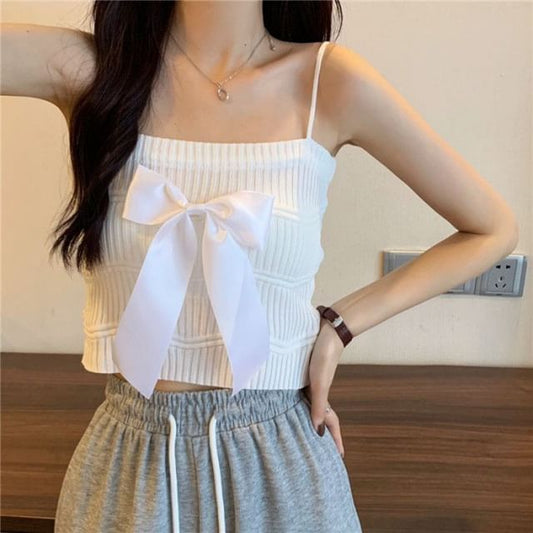 Ribbed Bow Top Plain Knit Camisole