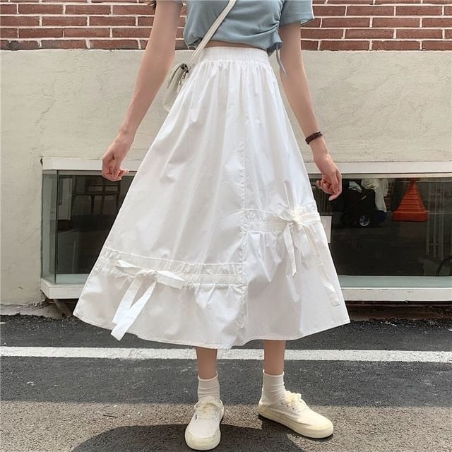 Bow Elastic Waist Plain Skirt A-Line Midi Panel