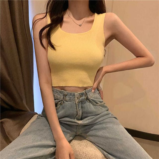 Neck Tank Plain Ribbed Top Square Knit