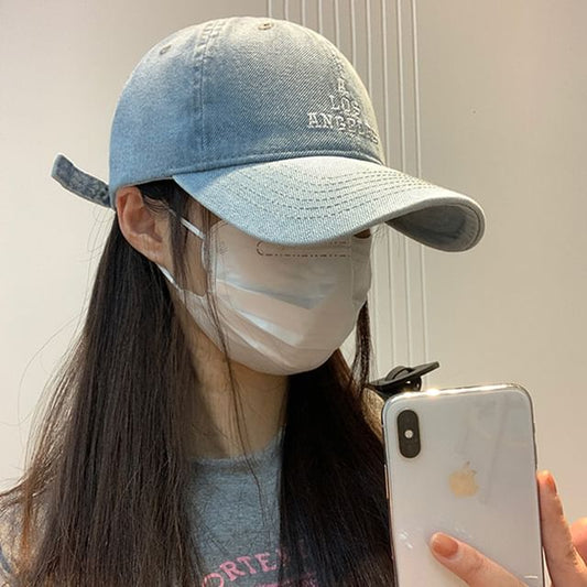 Lettering Washed Denim Baseball Cap Embroidered