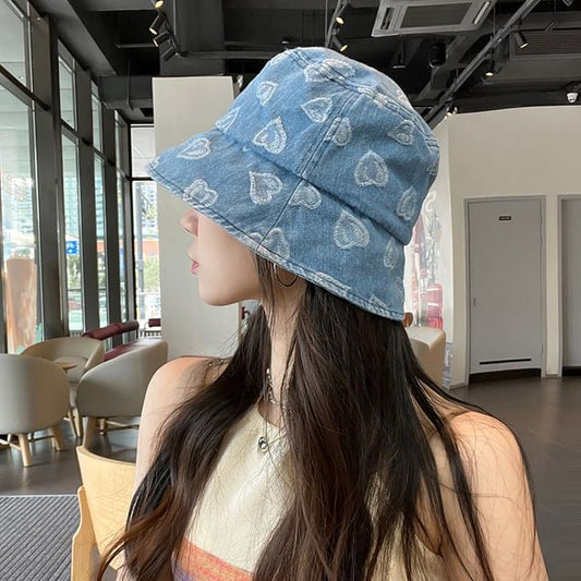 Heart hat Bucket Denim Print Washed
