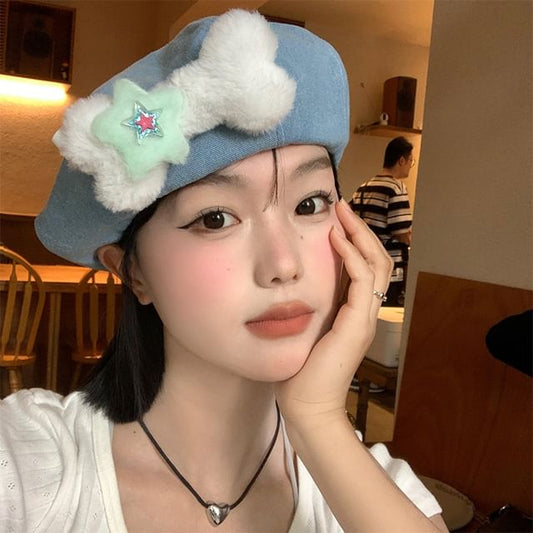 Beret Denim Washed Bone Accent