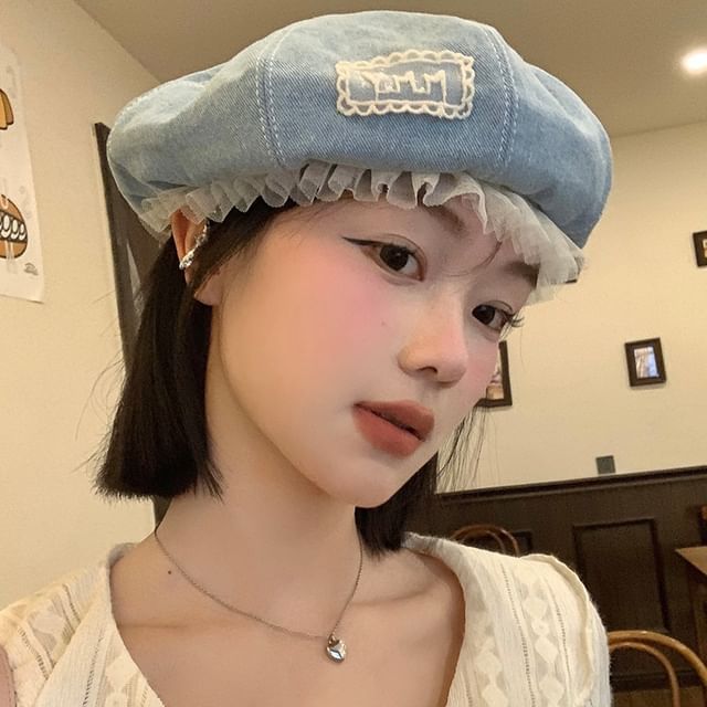 Mesh Lettering Denim Beret Applique Panel