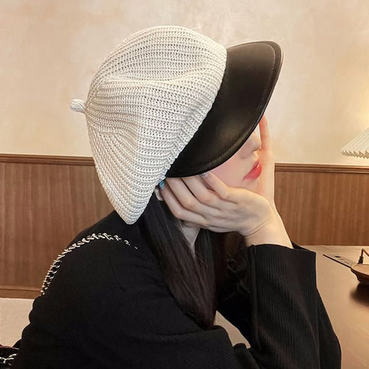 Knit Newsboy Leather Panel Cap Faux